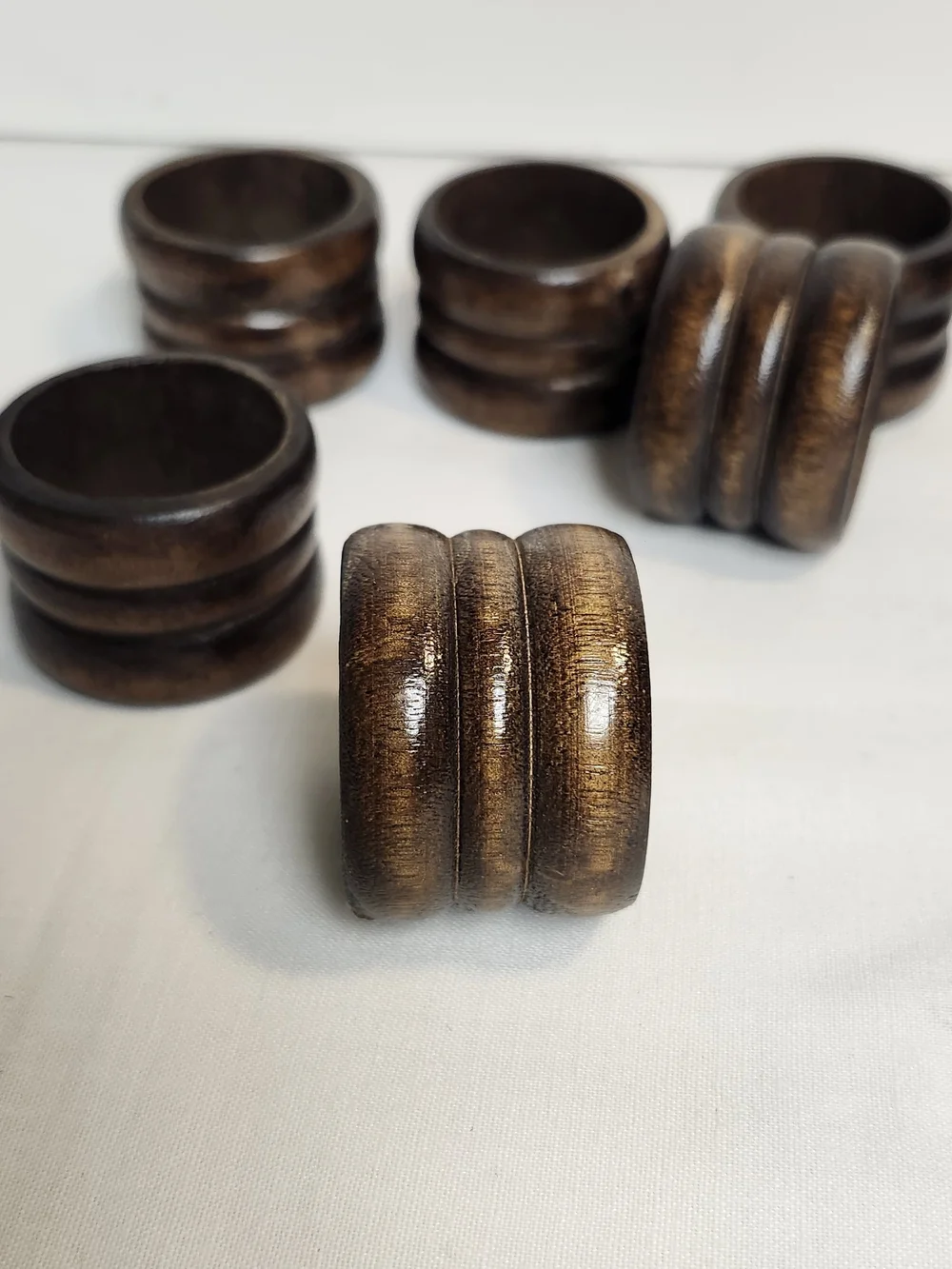 Vintage Wooden Double-Ring Napkin Rings - Dark Brown Set of 8